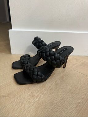 Aqua Black Braided Double-Strap Heeled Mules